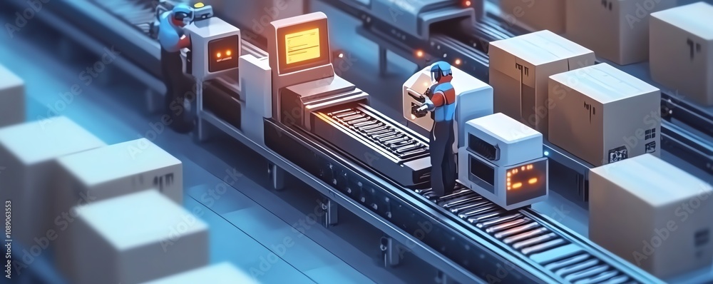 Poster isometric factory vector art, mechanized conveyor system, industrial robots, workers in electronic p