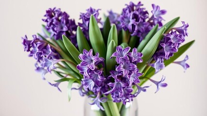 Fototapeta premium A vase filled with freshly cut purple hyacinth flowers arranged in a naturalistic bouquet, hyacinths, floral arrangements