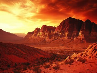 red rock silhouette at sunset, dramatic shadows, vibrant orange glow, natural beauty, serene landscape, warm hues, tranquil scene