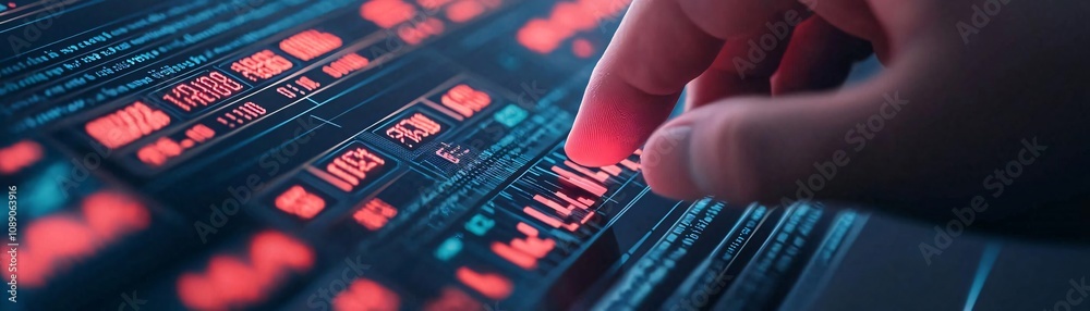 Poster a close-up of a hand interacting with a digital interface displaying data and tools in a futuristic 