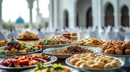 arabic food assortment, with closeup mosque background --no palm tree,,generative ai