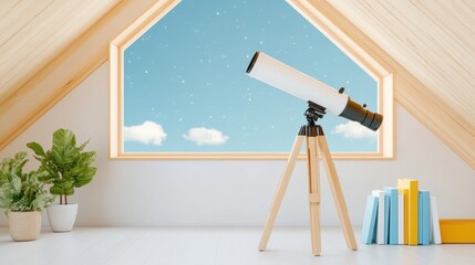 Cozy Attic with Telescope Pointed at Stars