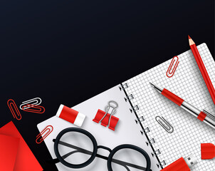 Flat Lay of Red Office Supplies on Dark Background