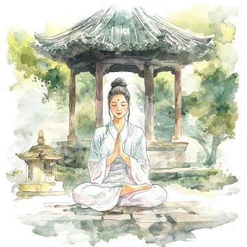 Serene Woman Meditating in a Tranquil Asian Garden.  Find inner peace with this watercolor painting.