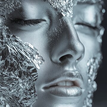 A mysterious silver face emerges from textured foil, creating an artistic and powerful illusion of beauty and strength.