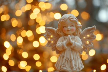 An angel figurine with a glowing garland, set against a festive background of sparkling holiday lights.