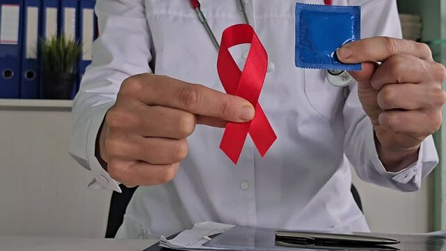 Doctor shows condom and red ribbon for World AIDS day in hospital cabinet slow motion. HIV spreading problem awareness