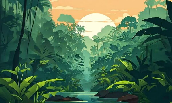 Stylized vector illustration of a serene tropical forest with lush greenery and golden sunlight.