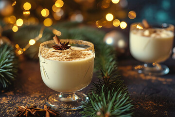 Traditional drink eggnog with cardamom for Christmas eve on festive blurred background with bokeh