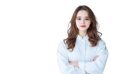 A young woman with long hair poses confidently in a white shirt. Transparent background.