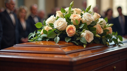 Floral arrangement on casket during service