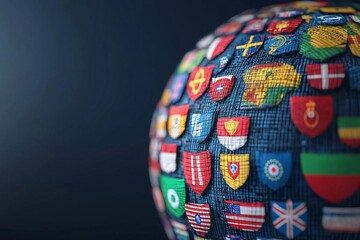 A detailed close-up of a globe adorned with various country flags, symbolizing global unity and diversity.
