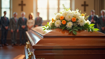 Funeral attendees with casket and flowers