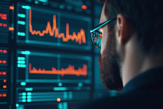 A focused analyst examines data trends on a digital interface, showcasing advanced analytics and information insights.