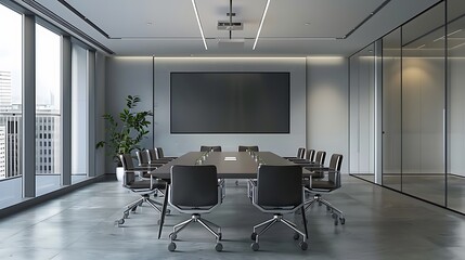 Fototapeta premium A contemporary conference room with a large table, ergonomic chairs, and a digital presentation on a wall-mounted screen.
