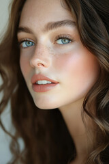 Obraz premium closeup of a beautiful young woman with clear blue eyes and wavy brown hair, featuring a natural makeup look and subtle freckles for a fresh and youthful appearance