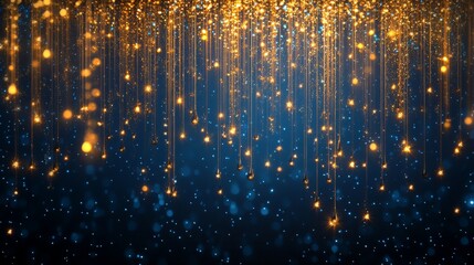 Cascading Golden Glows with Sparkling Patterns Against Deep Blue Background, Perfect for Celebrations and Artistic Themes