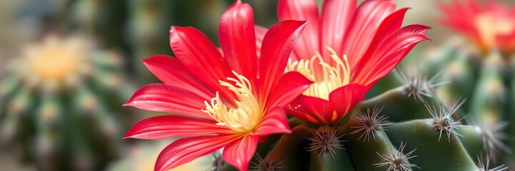 Fototapeta premium cactus flower red petals on green cactus, flower, green cactus