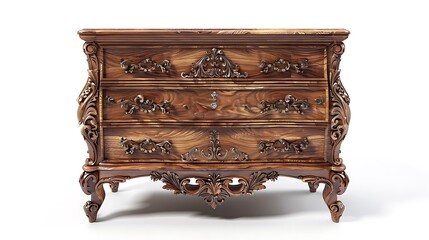 Ornate wooden chest of drawers with intricate carvings and a polished finish, designed for storage and decoration.