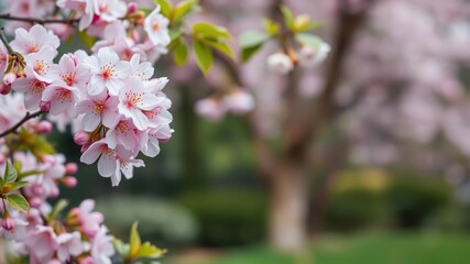 Obraz premium Cherry blossoms in a serene garden background with delicate color filter, garden, nature, serene