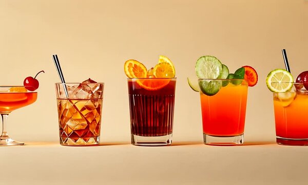 Five Classic Cocktails Arranged in a Row Against a Beige Background
