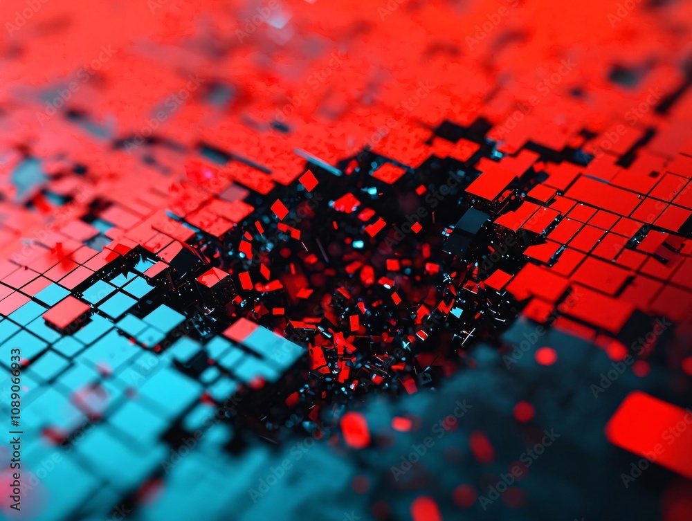 Poster a vibrant abstract design featuring a dynamic blend of red and blue pixels, creating depth and visua