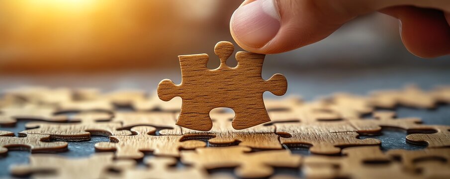Hand placing the final wooden puzzle piece, representing decisionmaking and logical thinking, symbolic of completion and problemsolving concept