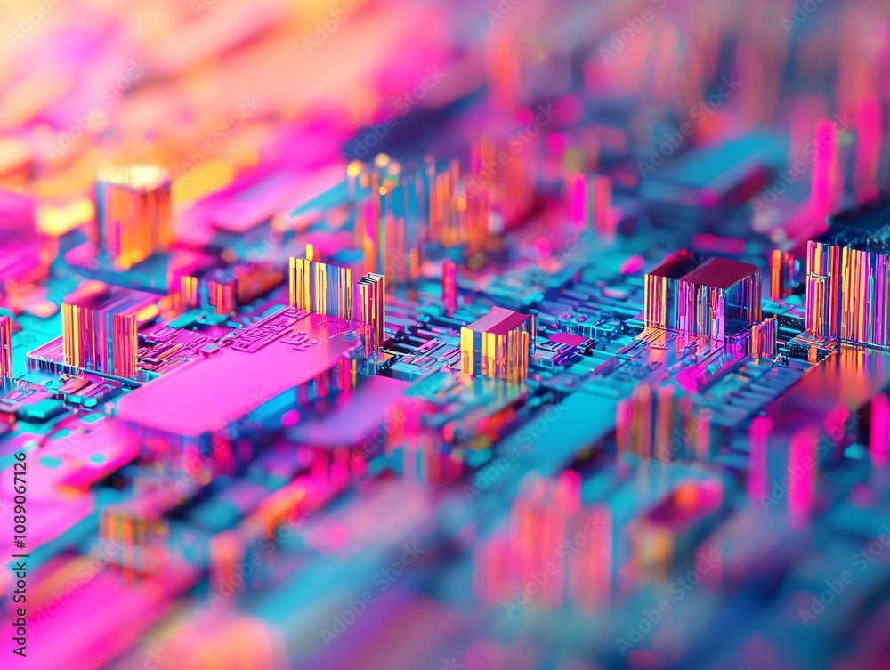 Poster a vibrant macro shot of a colorful circuit board displaying intricate details of technology and elec