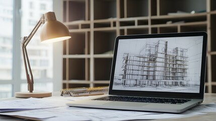 Creative Architects Workspace with Modern Building Designs - Illuminated Desk with Sketches and Laptop Showcasing Innovative Architectural Concepts