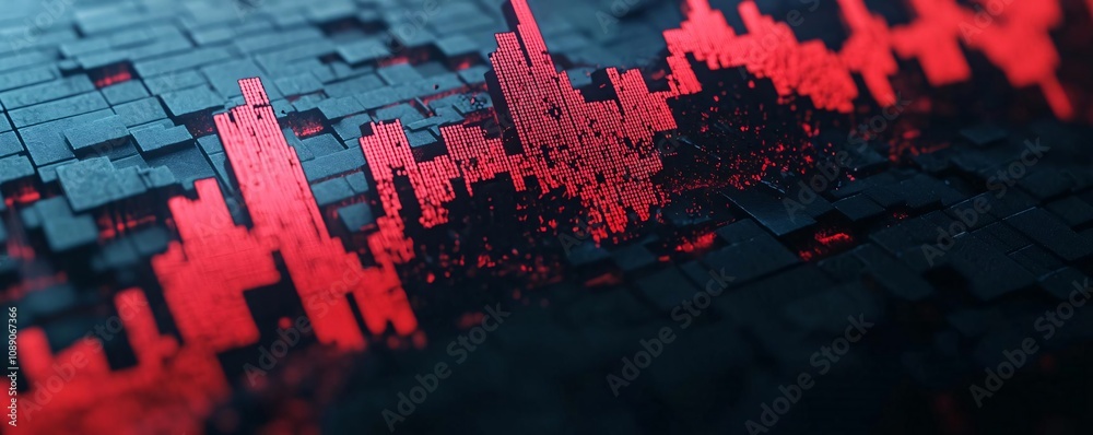 Poster abstract digital data visualization with red and black elements representing trends and insights in 
