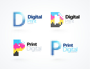 Set Logo Print Digital. Letter P and D it consists of squares. CMYK Printing theme. White background.