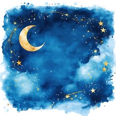 Watercolor painting of a crescent moon and stars on a blue background