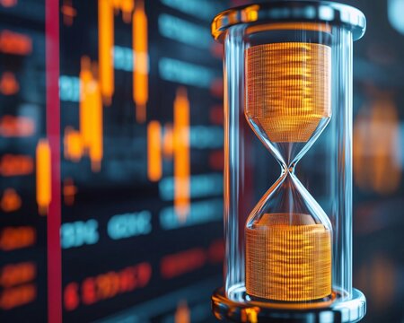 Close-up of an hourglass symbolizing time management against a digital background with financial data.