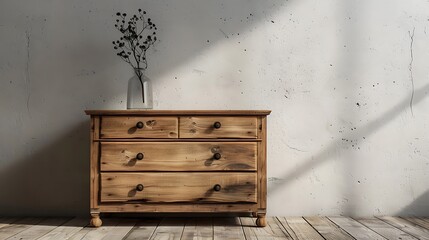 A wooden dresser with drawers and a vase on top, illuminated by natural light against a textured wall.