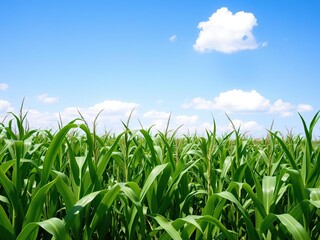 Obraz premium A lush sea of green corn sways gently in the breeze under a brilliant blue sky with just a few puffy white clouds floating by, serenity, sunny day, rural landscape