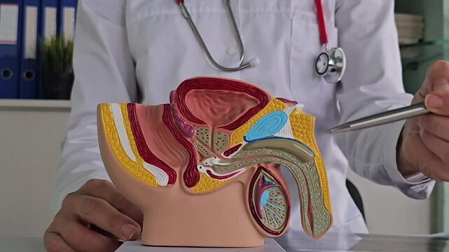 Doctors counseling patients with prostate cancer and using a penis model to show patients with prostate cancer 