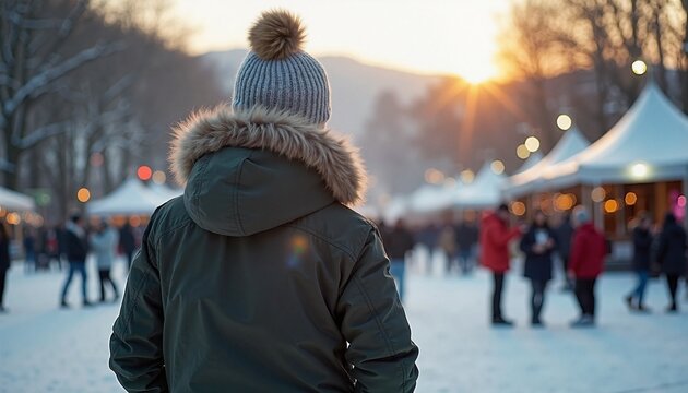 Person in Winter Attire Thoughtfully Observing Festive Market at Sunset
