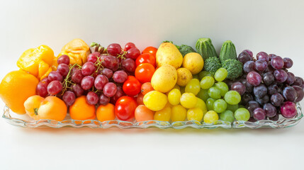"Stock photo featuring an assortment of rainbow-colored vegetables and fruits arranged beautifully. The vibrant display highlights a variety of fresh, healthy produce in a spectrum of colors,