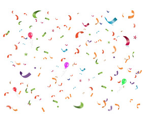 Many multicolored confetti ,balloons, stars and dots on white background