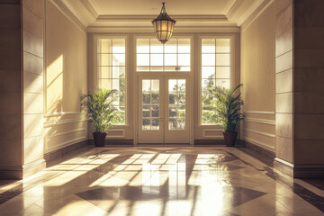 Fototapeta premium Sunlit hallway with elegant decor, featuring large windows, plants, and marble floors, creating a serene and inviting atmosphere.