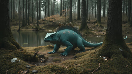 A realistic Venusaur animal among the trees, forest lake, moss, cold weather, dark teal and amber, Sony A7 IV