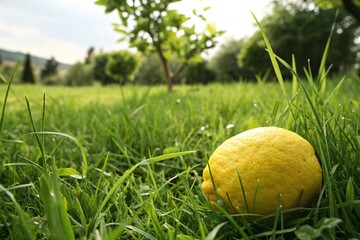 A radiant and untouched lemon yellow citrus fruit sitting in a lush green field, yellow, green, lemon, citrus, fruit