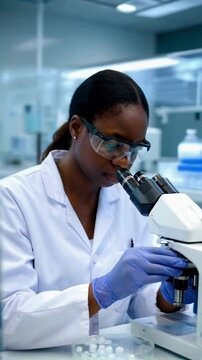 A black woman in a lab coat and glasses works with a microscope in a laboratory. 4k vertical video