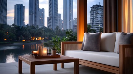 Obraz premium A romantic rooftop terrace setup overlooking the city lights, complete with soft music and drinks