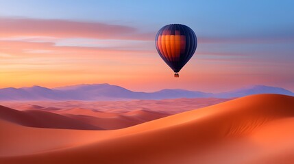 Obraz premium A hot air balloon soaring over a colorful desert landscape during sunrise, with golden light illuminating the sand