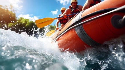 Fototapeta premium Whitewater rafting down a powerful river, with splashing waves and intense action