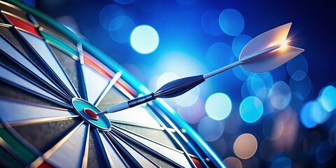 3D White Arrow Hitting the Center of a Dartboard on a Blue Background Symbolizing Business Success, Investment Goals, and Strategic Achievement Opportunities