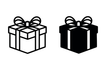 Gift box with ribbon bow, icons. Vector isolated on white.