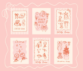 Collection of Merry Christmas cards in trendy coquette style. Girly winter poster design. Bows, ribbons, festive decorative elements, backgrounds, frames. Whimsical hand drawn illustrations, vector
