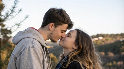 Close up shot of young couple in love standing together outdoors and kissing